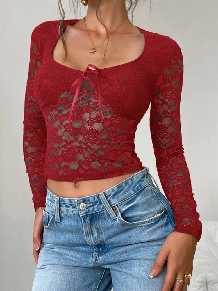 

Bonboho 2026 Spring Summer Women's Sexy T-shirt Solid Color Bow-Embellished Lace Skinny Shirt Top Women's Elegant Undershirt