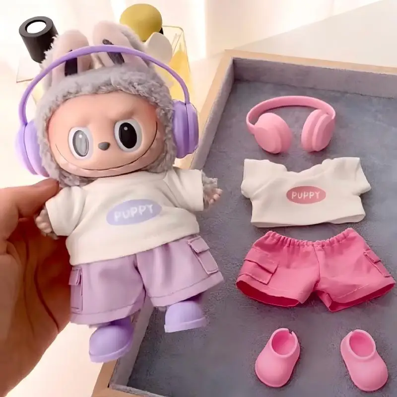 

Кукольная одежда, аксессуары для одежды, 15-17 см для Labubu и хлопковая кукла 10 см, милые наушники, футболки, шорты, одежда