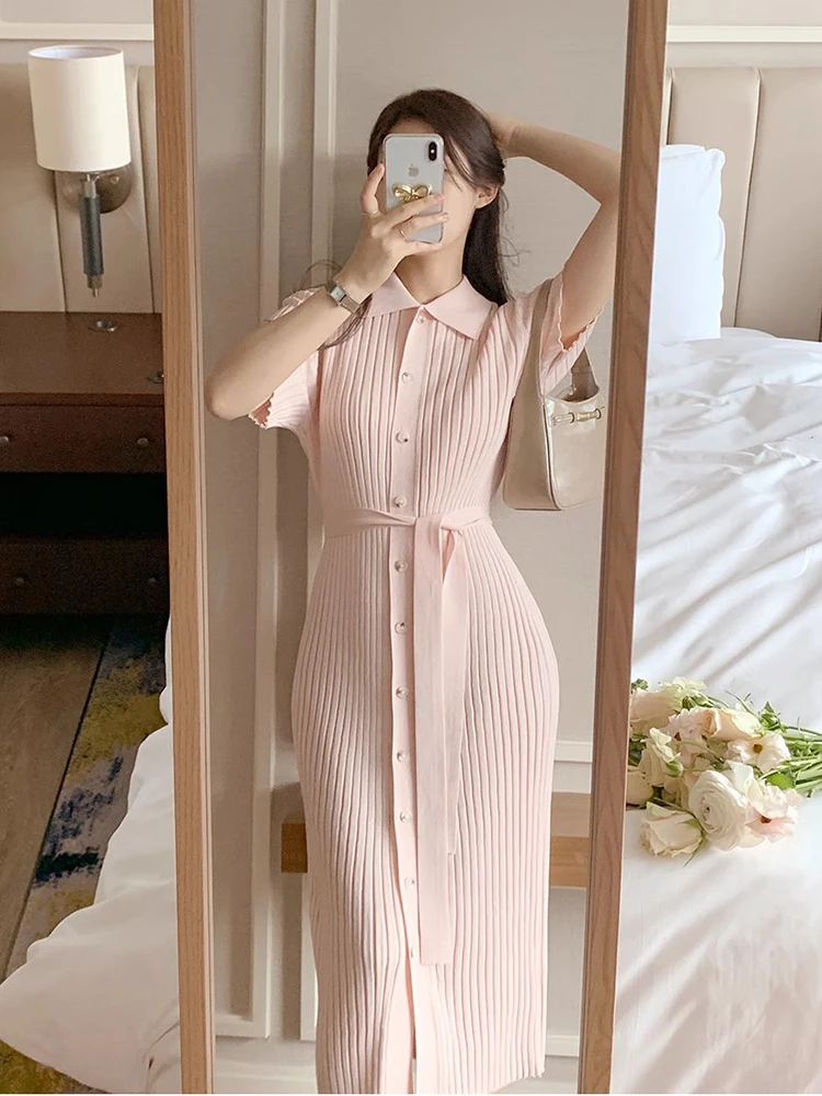 Korejpaa Knitwear Summer Dress Korean Fashion Gentle Pink Turn-down Collar Bodycon Dresses Women Solid Sweet Vestidos Femme