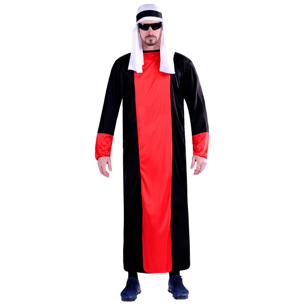 Men Red Strip Robe kerchief Arabia Arab Sheikh Costume Shepherd Arabian Prince Cosplay for Adult Halloween Dubai Man