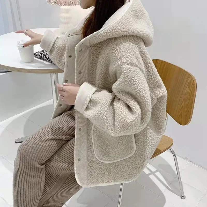 YTJHRG Women\'s Lamb Wool Coat Thick Warm Plush Jackets Streetwear Faux Fur 2024 New Autumn Winter Korean Fashion Female Clothing