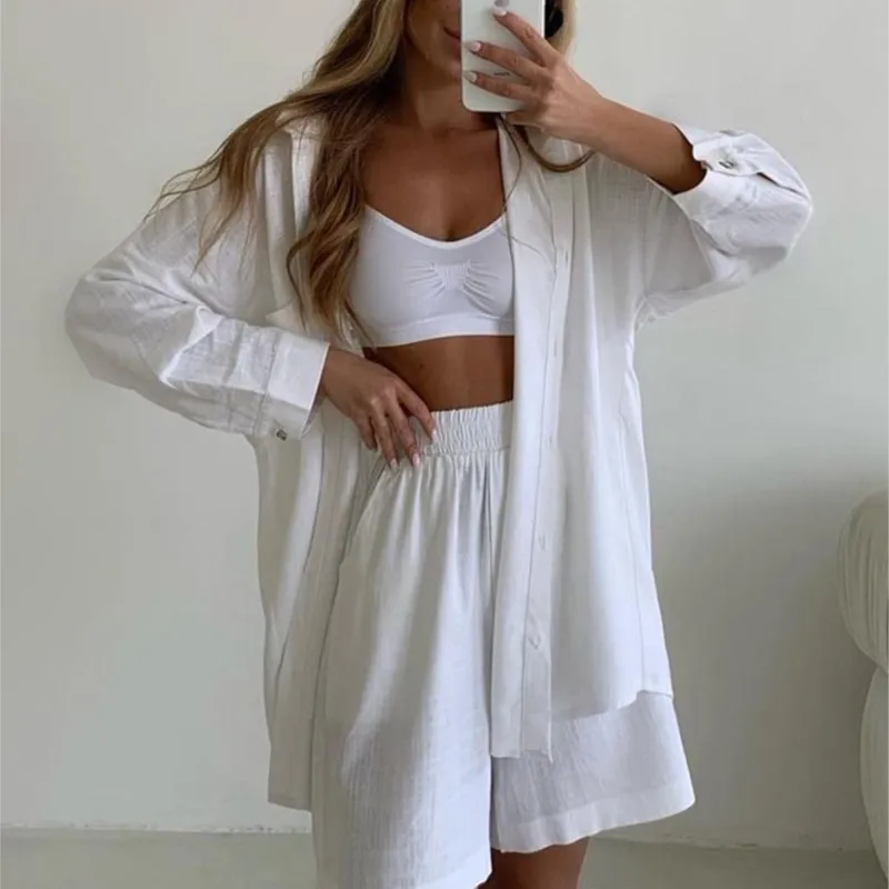 Solid Long Sleeve & Short Sets Shirts Two Piece Set Women Outfit 2024 Summer Blouse Shorts Sets For Women New In Matching Sets