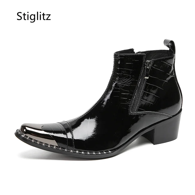 Black Leather Ankle Boots Men Safety Shoes Man for Work Wedding Shoes Metal Toe Side Zipper Med Heels High-Top Short Boots