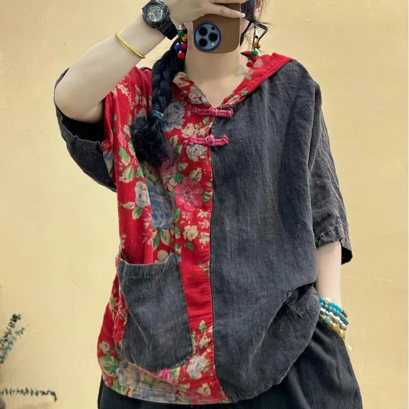 

Summer New Arts Style Women Short Sleeve Loose Hooded Tee Shirt Femme Tops Patchwork Vintage Print Cotton Linen T-shirt C809