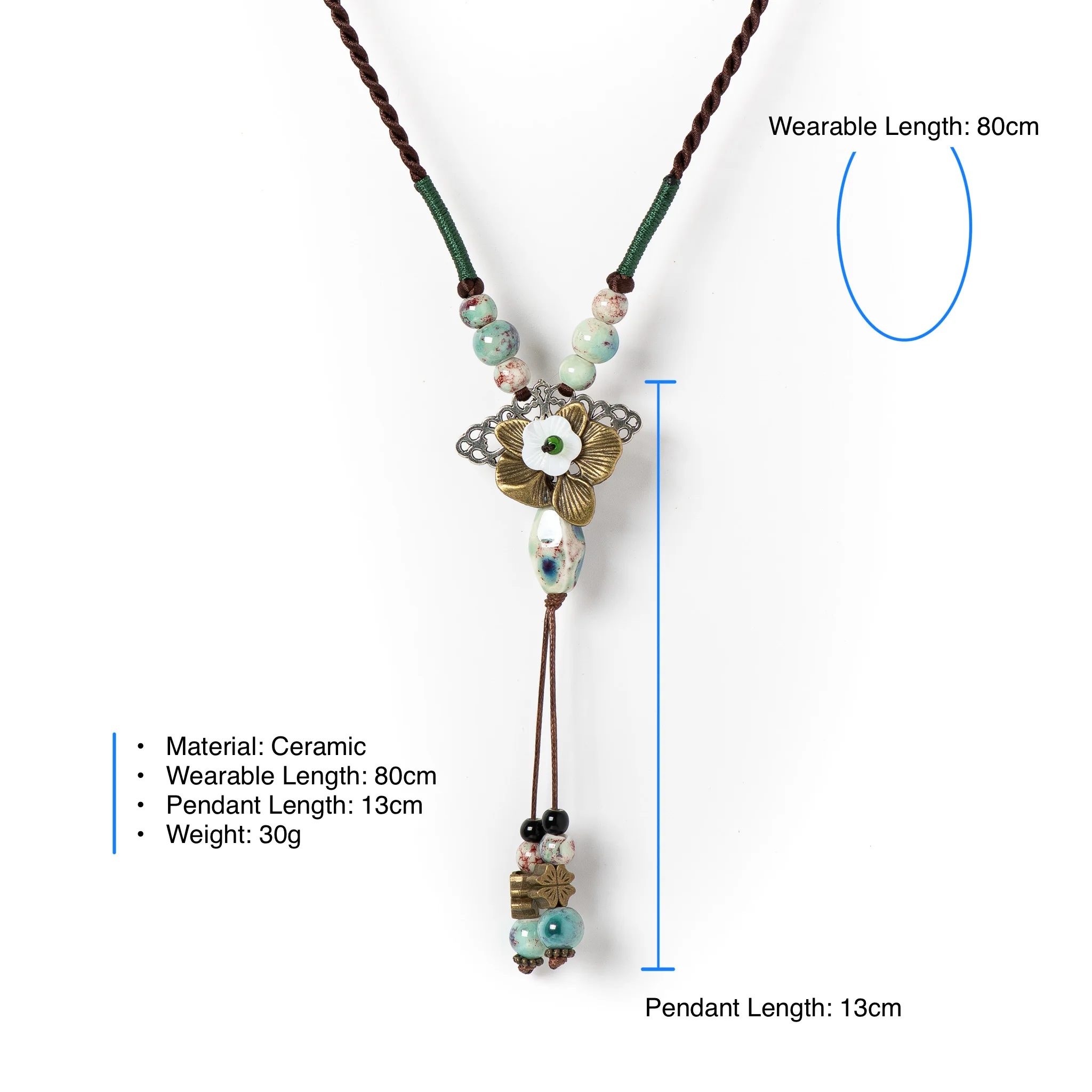 Handmade Ceramic Pendant Necklace for Women Boho Vintage Long Necklace Adjustable Ethnic Style Jewelry