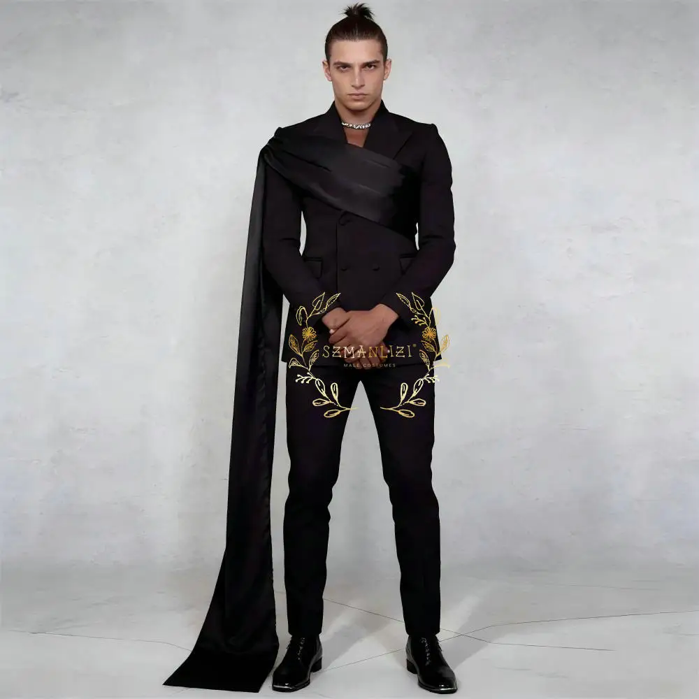 

Черный двубортный мужской костюм, деловой костюм для жениха, жениха, свадебной вечеринки, выпускного вечера, мужские смокинги, комплект из 2 предметов, пиджак, брюки