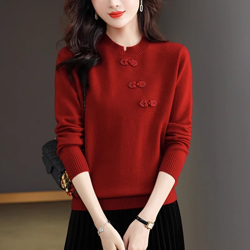 Vintage Chinese Style Autumn/Winter Pullovers Sweaters Women\'s O-Neck Frog Screw Thread Fashion Loose Long Sleeve Knitted Tops