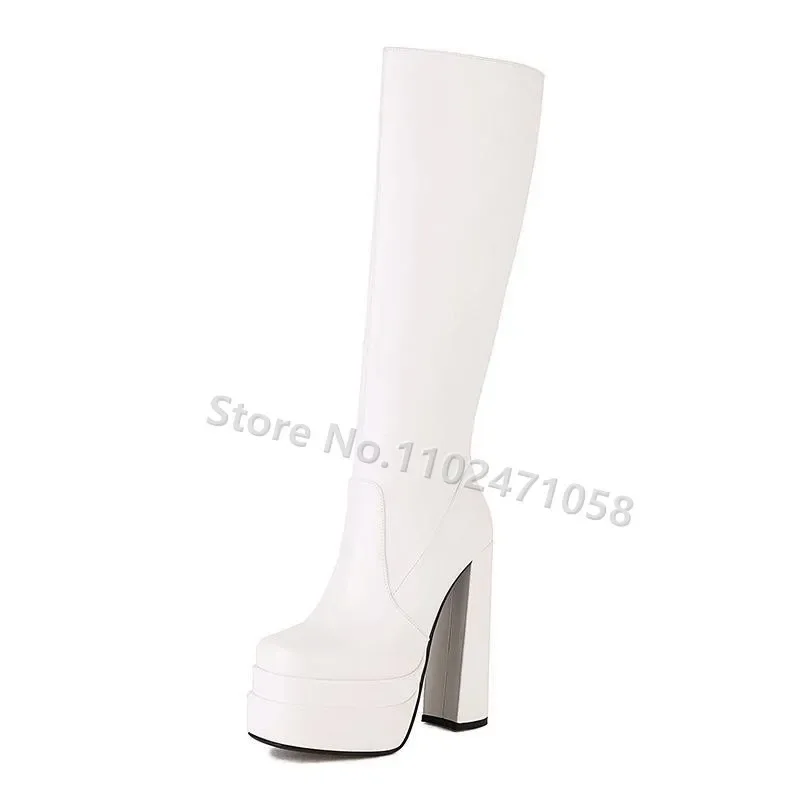 Winter Chunky Platform Microfiber Women Zipper Long Boots Round Toe Square Heel Knee High Boots Female 14.5Cm High Heels Shoes