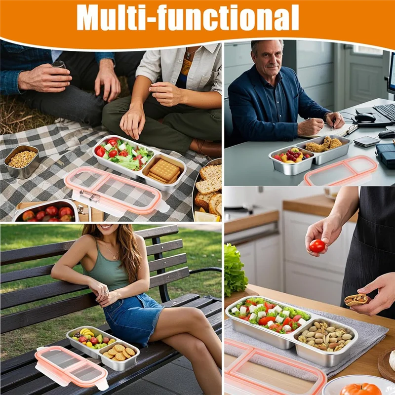 

AT21-Stainless Steel Reusable Dual Compartment Snack Boxes With Secure Lids, Perfect For On-The-Go
