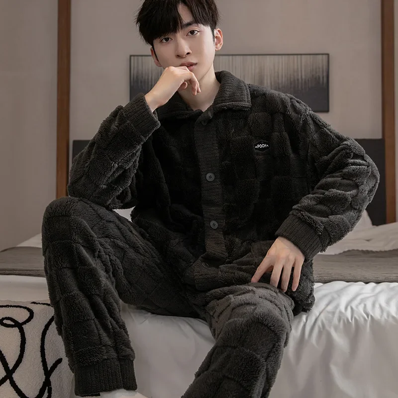 2Pcs/set men\'s pajamas autumn and winter padded and thickened warm long-sleeved trousers coral fleece homewear men\'s clothing