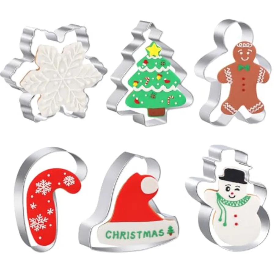 Cortadores Ce navideños grandes - 6 piezas 4 Ih Holiday Ce Cutter - Árbol de Navidad Sombrero de Papá Noel Copo de nieve Jengibre Hombres Muñeco de nieve y lata de dulces