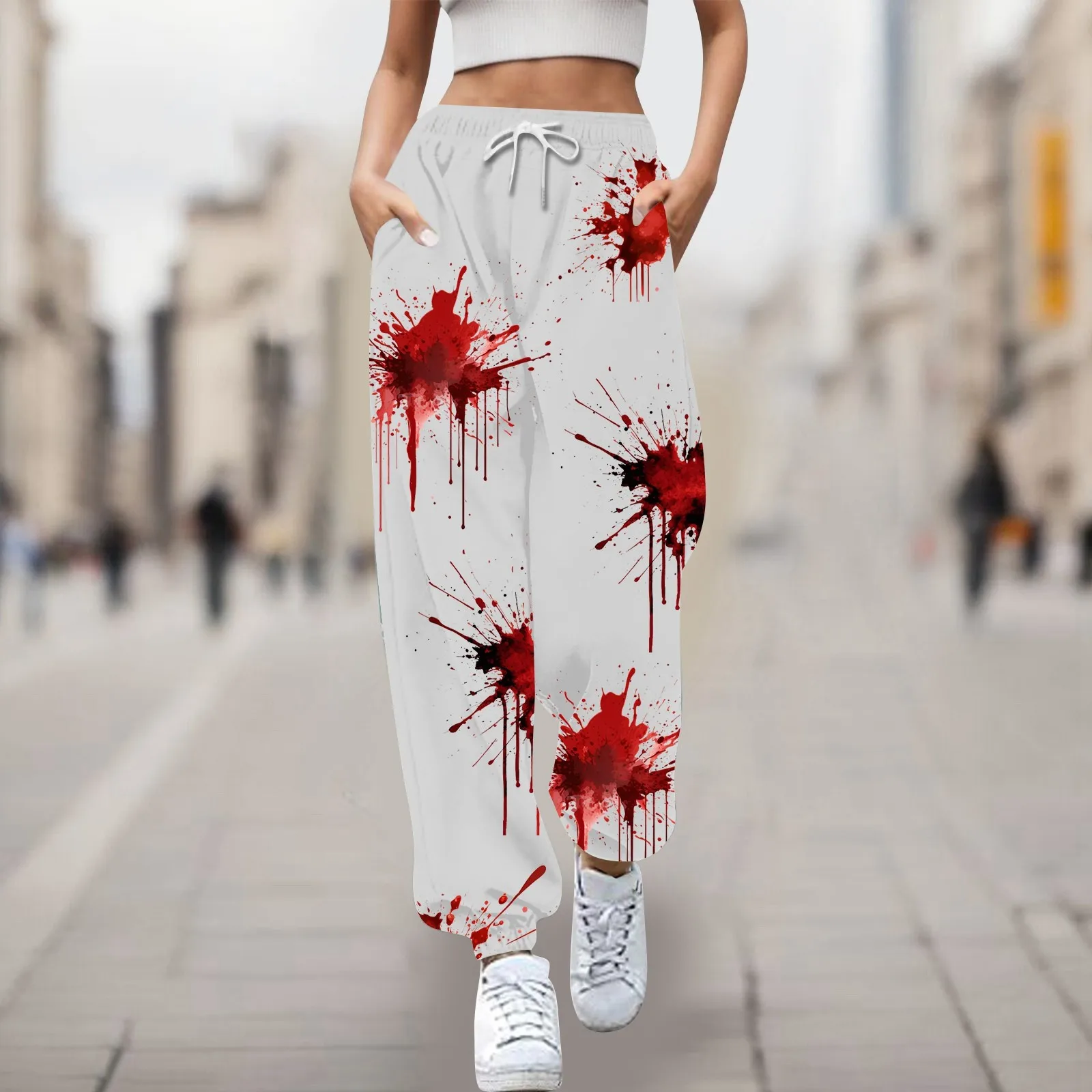 Drawstring Blood Print Halloween Jogging Pants Women High Waisted Elastic Loose Trousers Casual Pockets Festival Sweat Pants