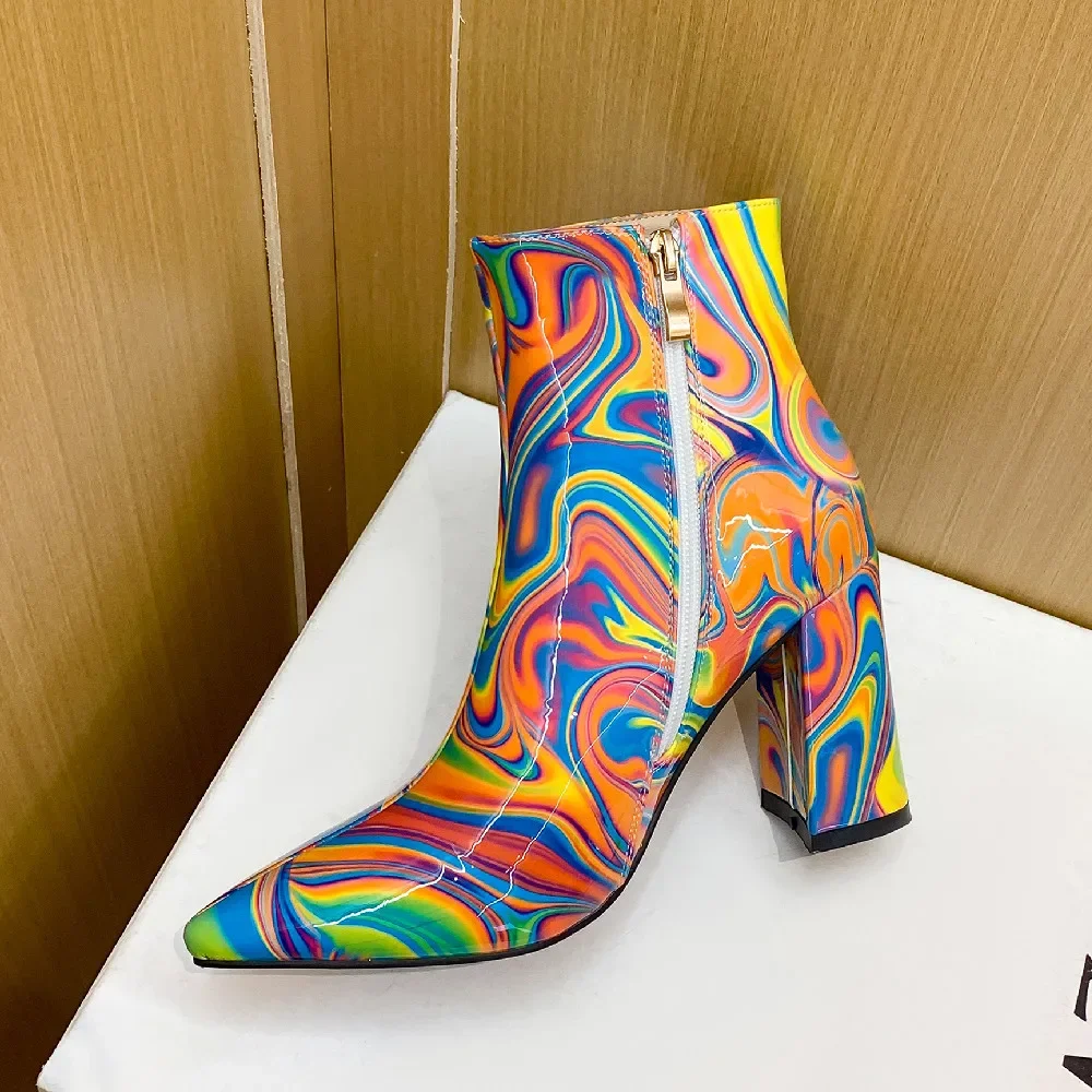 Rainbow Patent Leather Pointed Toe Ankle Boots Woman High Block Heel Trendy Winter Fall Party Dress Lady Zipper Plush Short Boot