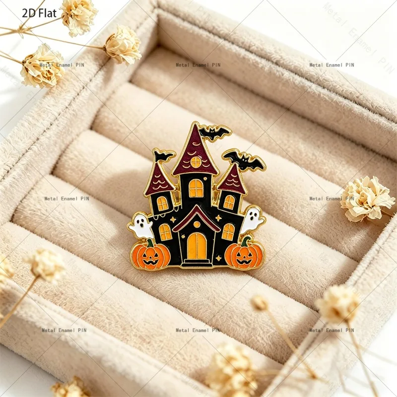 2D Single Horror Ghost House Glass Brooch, Halloween Ghost Pumpkin Black Bat Metal Pin Badge for Backpack Jacket Hat, Gift