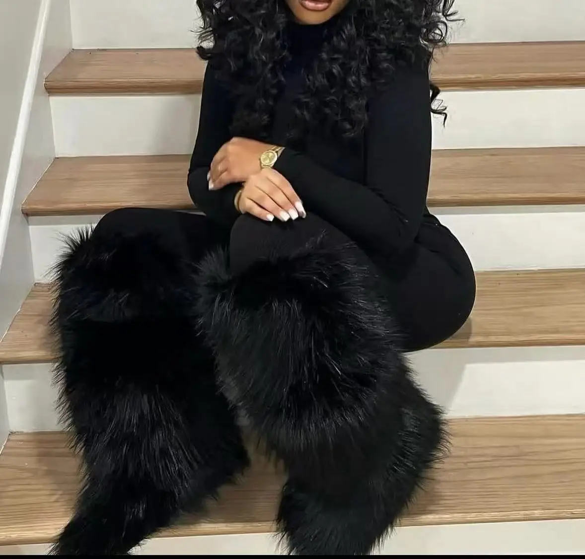 Luxury Winter Faux Fur Knee High Boots Women Wool High Tube Fur Snow Boots Fluffy Faux Raccoon/Mongolian Fur Platform Shoes