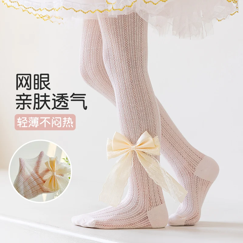 Cute Kids Lolita Sheer Mesh Tights Luxury Satin Lace Giant Bow Pattern Stretchy Anti-Pilling Lovely Girls Casual Wear Pantyhose