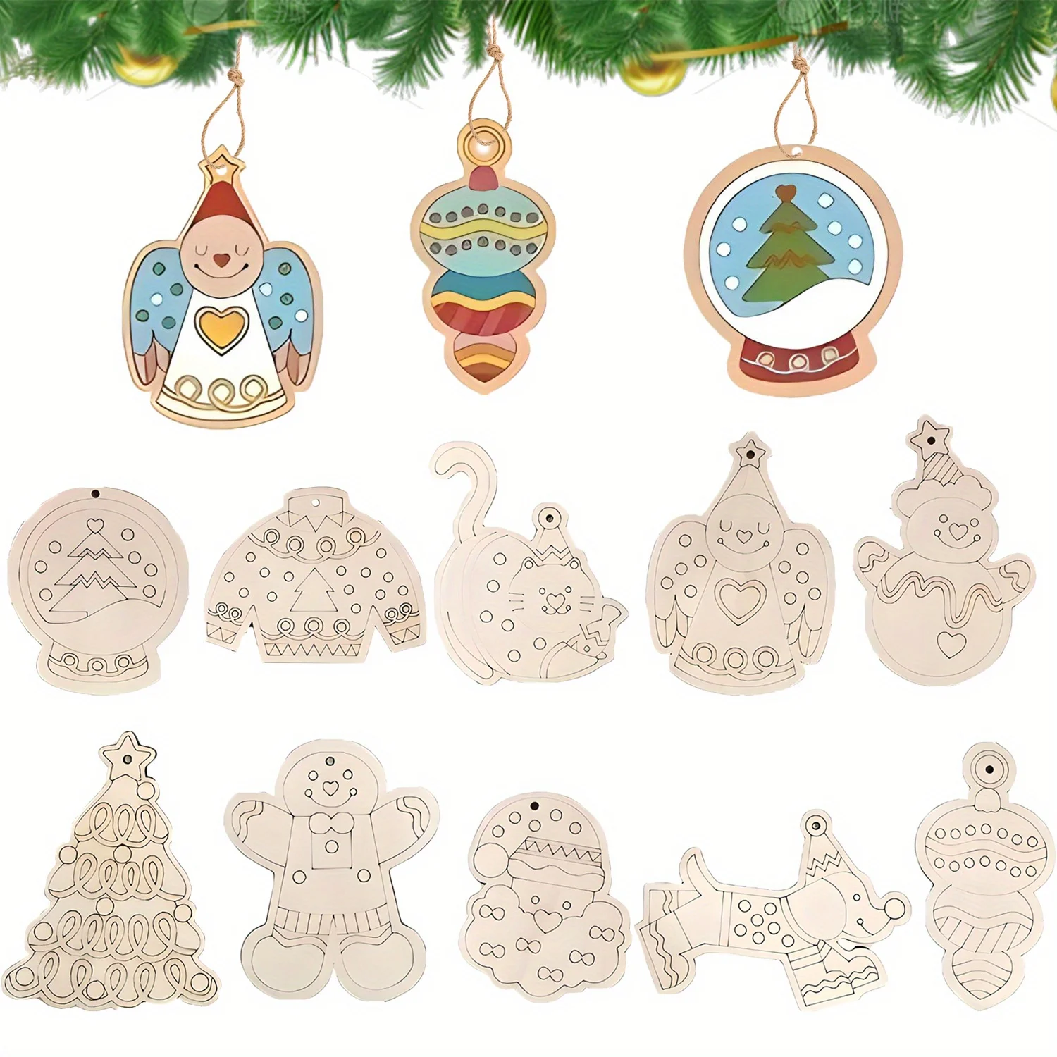 10pcs Mixed Christmas Wooden Unfinished Ornament Cartoon Santa/Snowman/Bell Hanging Crafts Xmas Tree Decorations for Noel Supply