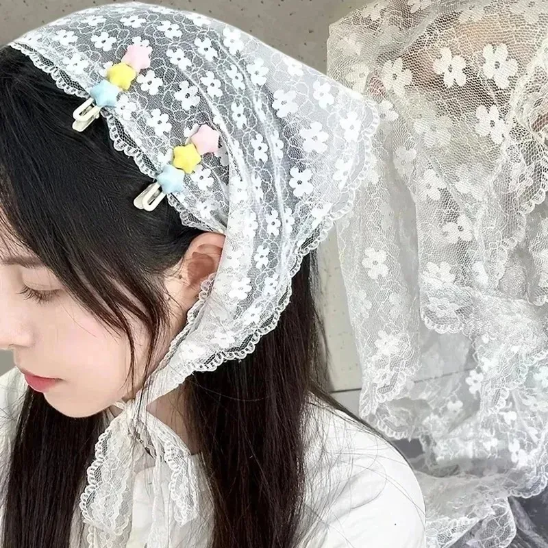 Y2K Kawaii وشاح دانتيل مثلث عقال الكورية عمامة الرقبة التفاف متعدد الاتجاهات الحلو موضة صور ملحق للنساء الفتيات لطيف