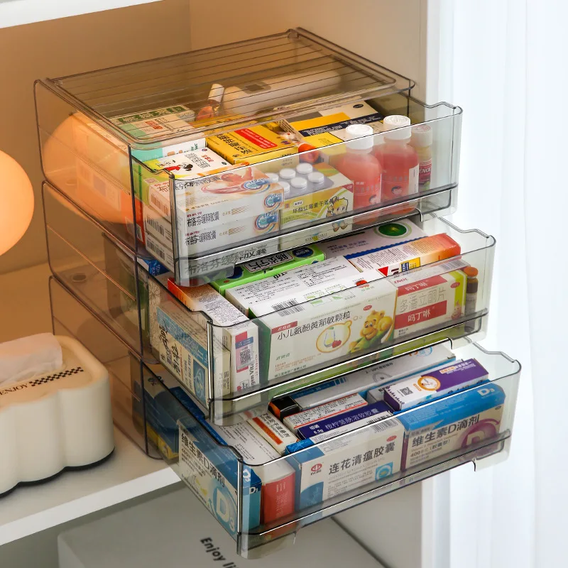 Large-capacity transparent medicine box drawer-type storage box medicine storage cabinet household stackable storage rack