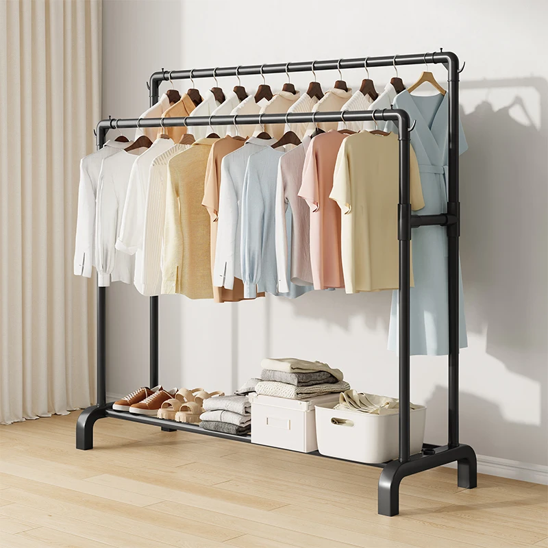 

New Design Floor-Standing Metal Cloth Rack with PP Bottom Indoor/Outdoor Rust-proof Double Rod Coat Stand Clothes Drying Rackpro