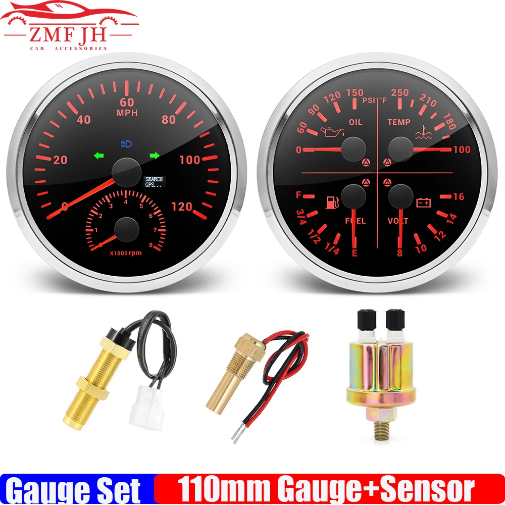 

Car Boat 110mm Gauge Set Waterproof GPS Speedometer+Tachometer 4 IN 1 Oil Pressure+Water Temp+Fuel Level+Voltage with Sensor 12V