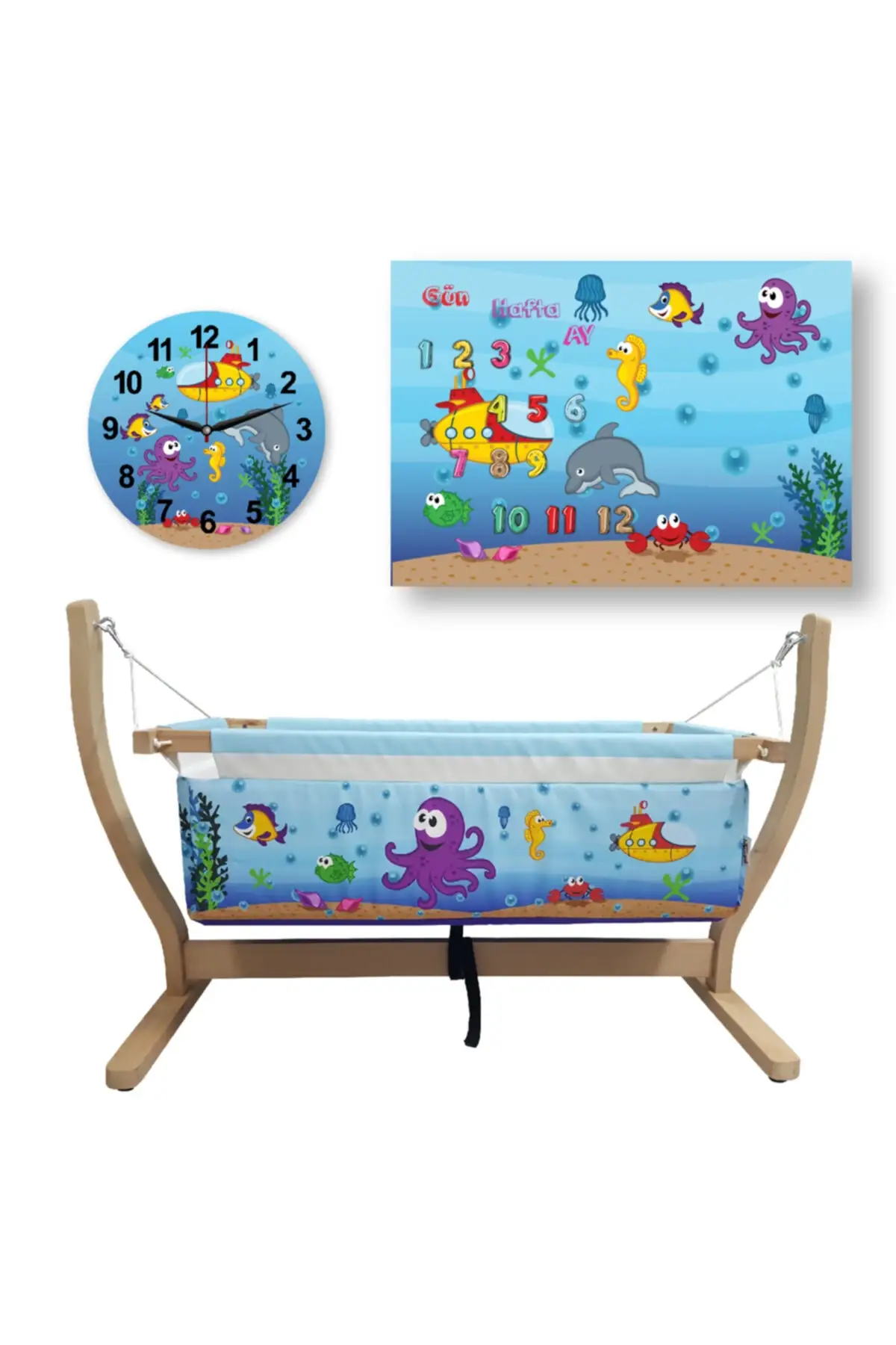 Unisex Blauw Hout Hangmat Wieg Set