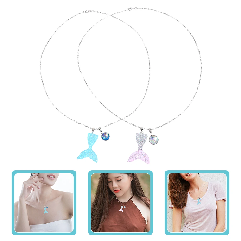 

2 pcs Gradient Mermaid For Women Lightweight Resin Ocean Pendant Jewelry Beach Party Choker Chunky Charm Necklace Little Mermaid