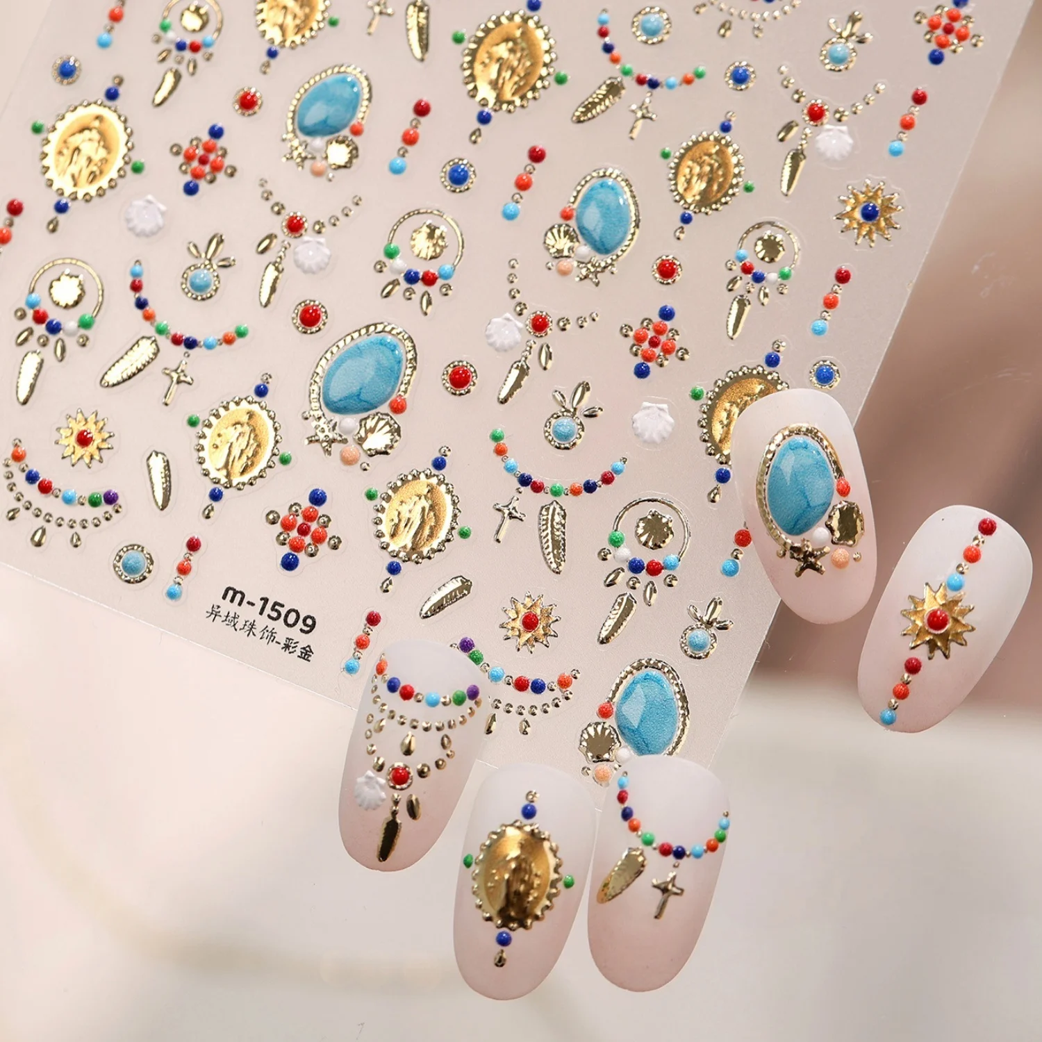 Boho Vintage Edelstein 5D Runde Türkis Bunte Perlenkette Sonnenstrahl Antike Figur Kreuz Muschel Nagelaufkleber Retro Abziehbilder