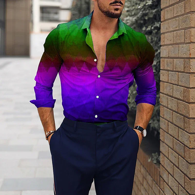 Fashion Men Long Sleeve Shirt Lapel Button Casual Color Spring Summer HD Pattern Rainbow Outdoor Sports Top Shirt T-Shirt