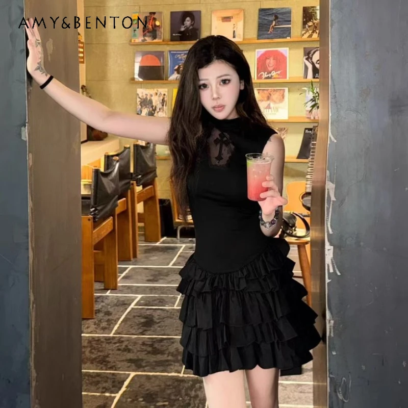 

Gothic Dark Hollow Out Women's Vest Short Dress Original Design 2025 Summer Black Slimming Thin Sleeveless Cake Dresses Ladies