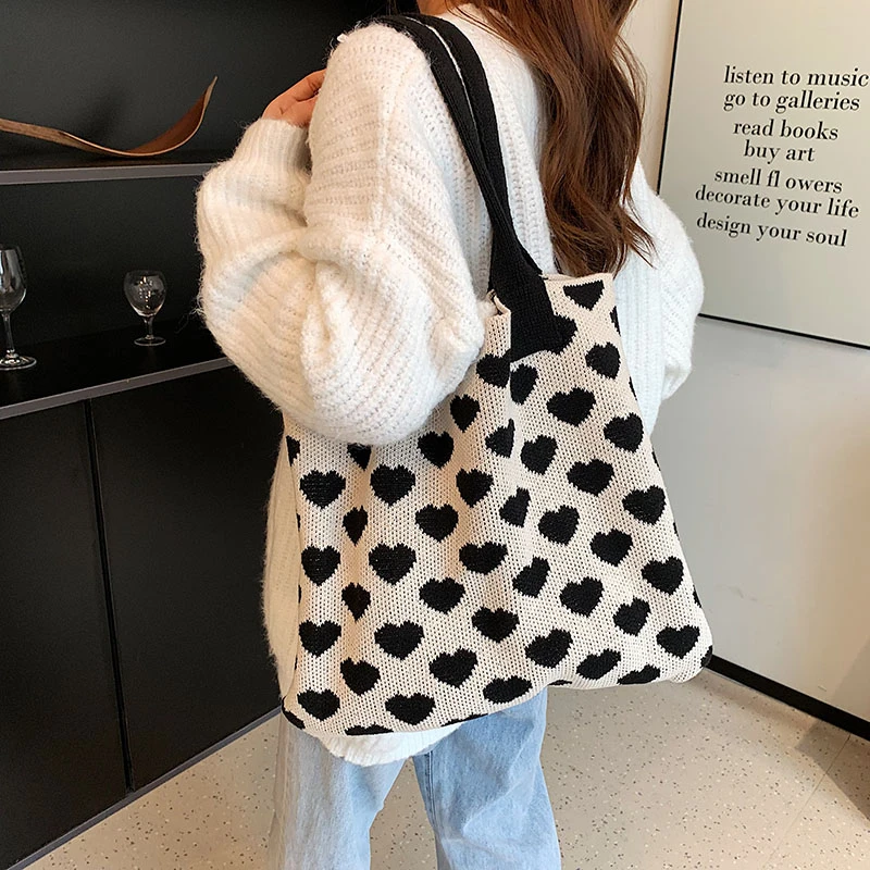 Y2K Knitted Women's Bag Folded Eco Bag Korean Shopper Heart Pattern Crochet Rope Shoulder Bag Knitting Handbag Chic Student Bag