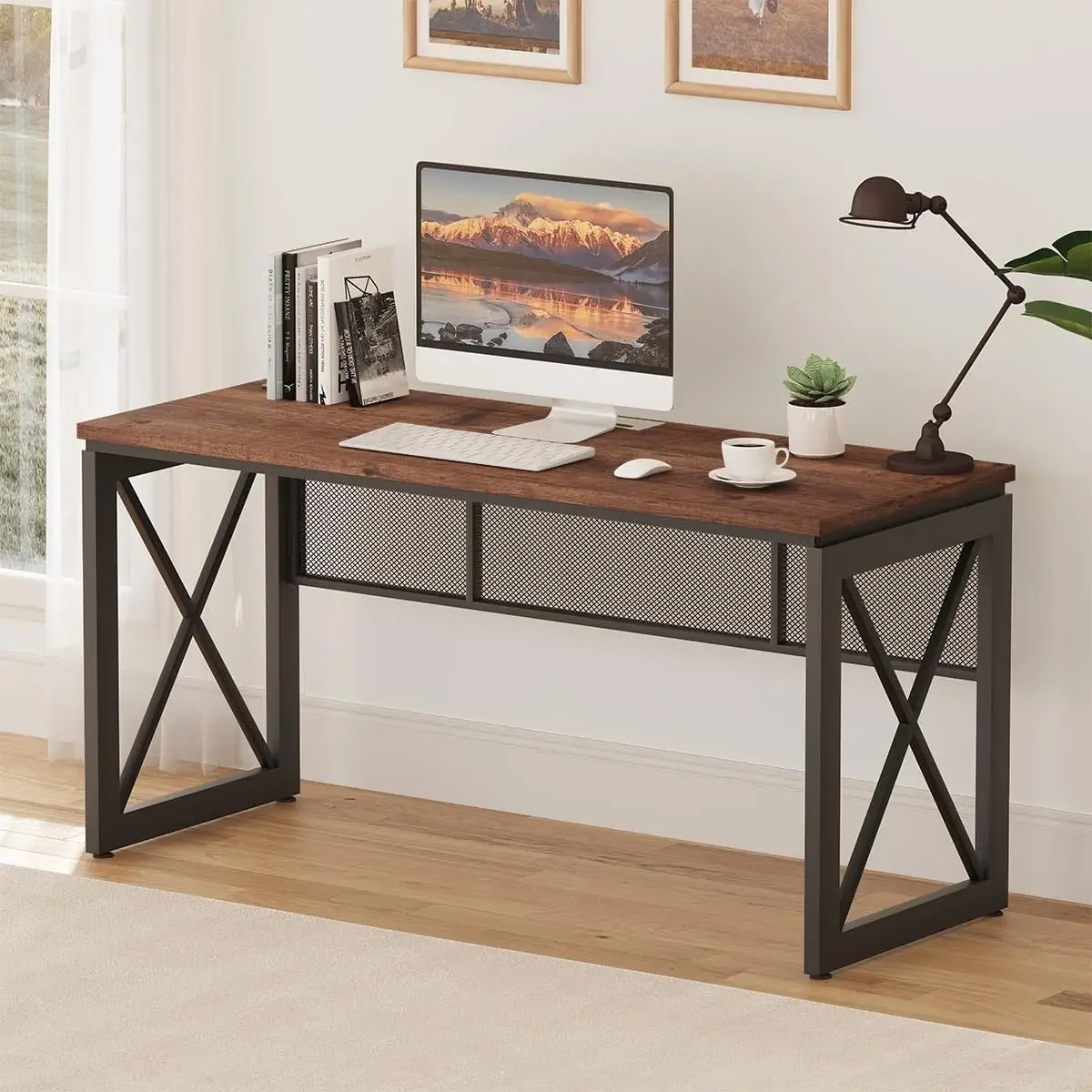 

BON AUGURE 60 Inch Computer Desk for Home Office, Industrial Metal Wood Desk, Farmhouse Large Writing Desk, Modern Sturdy Gaming