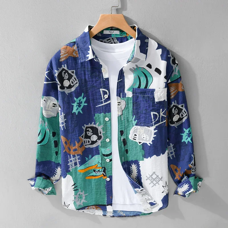 Chic Printed Linen Blend Casual 2024 Men's Spring/Fall Fashion Long Sleeve Chest Bag Loose Casual Street Shirt