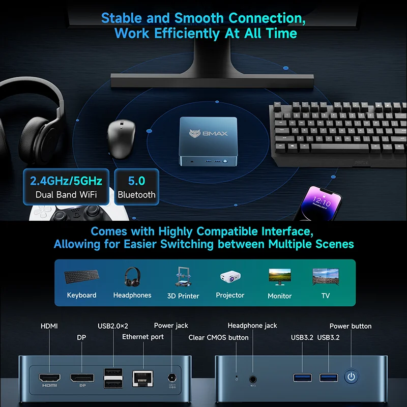 Mini PC de alimentação BMAX MaxMini B2 |   Intel 5205U |   8 GB DDR4 + 256 GB NVMe |   Win11 Pro |   WiFi de banda dupla |   BT 5.0 |   HDMI 4K |   Ultrafino 3