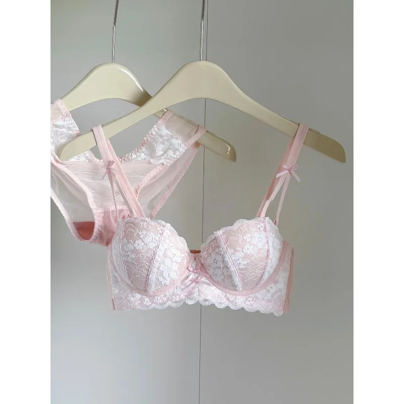 

Sexy French Pink Lace Lingerie Set Women Push Up Bra No Underwire Adds 2 Cups Push Up Bra Small Bust Gather Lift Dual Support