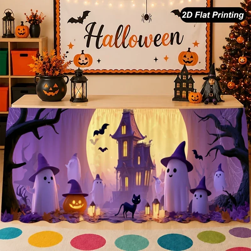 One2D flat Halloween tablecloth - Ghost House Full Moon Table Runner - Perfect for Halloween decoration in the family kitchenxzj