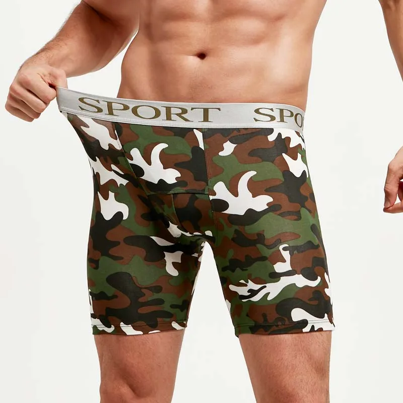 

L-8XL Sexy Underwear Men Boxers Shorts Fashion Camouflage Print Panties Man Cotton Sports Long Leg Underpants Cueca Calzoncillos