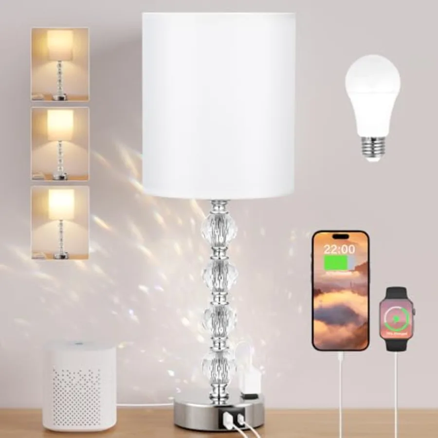 

Touch Bedside Crystl Lmps for Bedrooms Nightstnd with USB C+ Chrging Port nd C Outlet, 3 Way Dimmable Silver Large End Side Tab