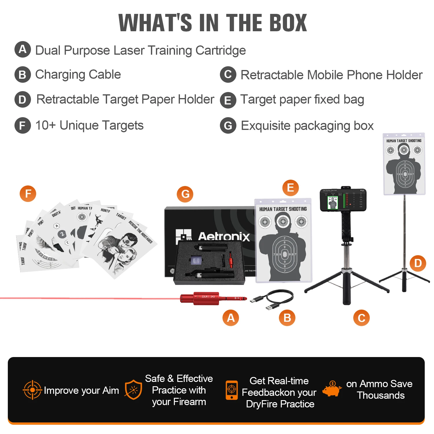 

22LR.243 dual-purpose red dot laser trainer with electronic target holder and phone holder, used for dry fire aiming training