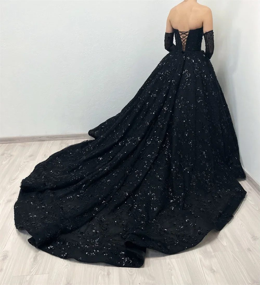 Customized Gorgeous Shiny Lace Prom Dress Black Sweetheart Ball Gown Vestidos Shiny Flowert Wedding Dress فساتين سهرة Fashion Cl