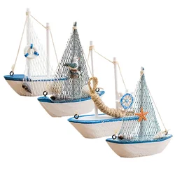 1Pcs Mini Mediterranean Style Marine Nautical Wooden Blue Sailing Boat Ship Wood Crafts Ornaments Party Decoration fairy garden