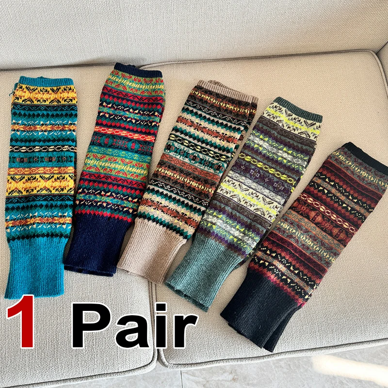1 Pair Autumn Winter Thick Colored Striped Women Socks Fashionable Bohemian Style Soft Comfortable Extended Warm Knee Pads Socks