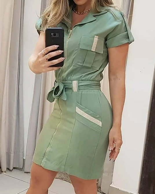 Sukienki damskie 2024 Summer Green Lace Up Notch Collar Short Sleeved Casual High Waist Daily Zipper Mini Shirt Dress