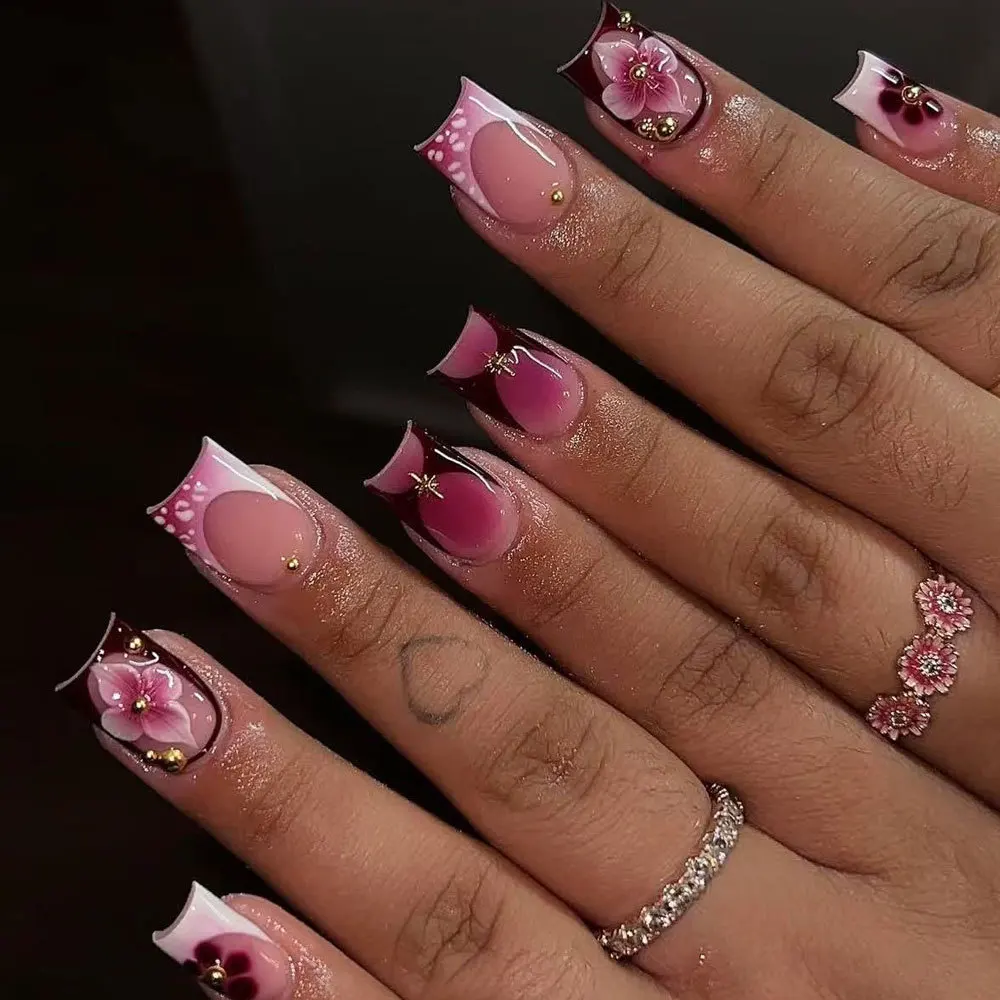 

24PCS Burgundy Pink French Tip Short Square Press on Nails 3D Floral Design Gold Bead Decor Fake Nails Elegant Romantic Manicure