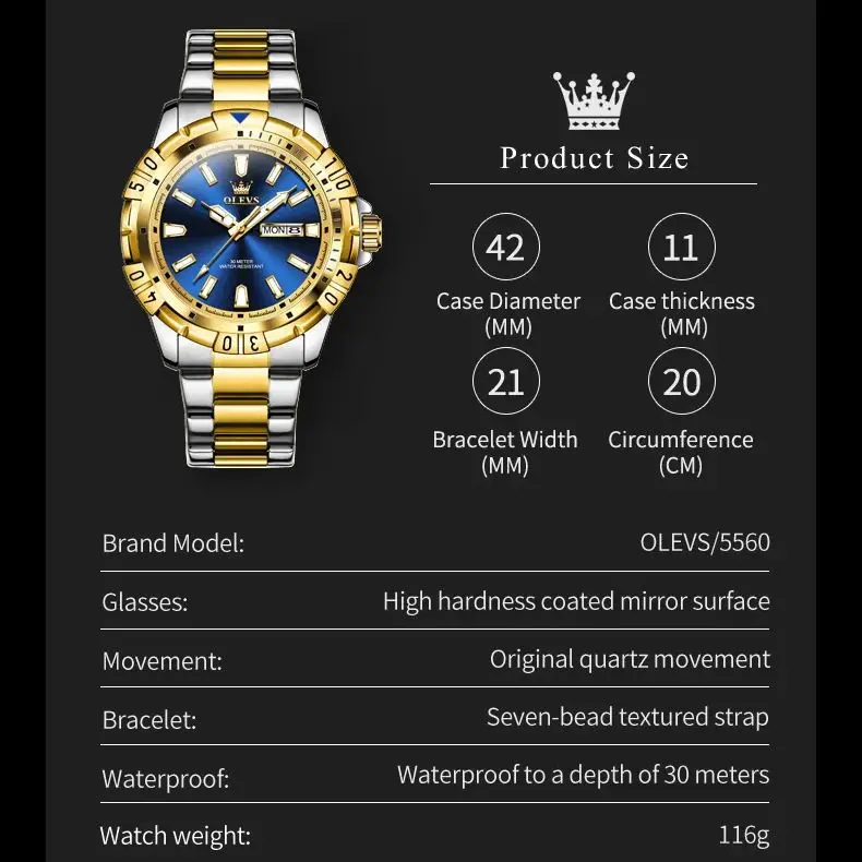 OLEVS 5560 Gold Blue Luminous Flame Design Men\'s Watches Stainless steel Strap Luxury Brand Diving Series Quartz Watch for Men