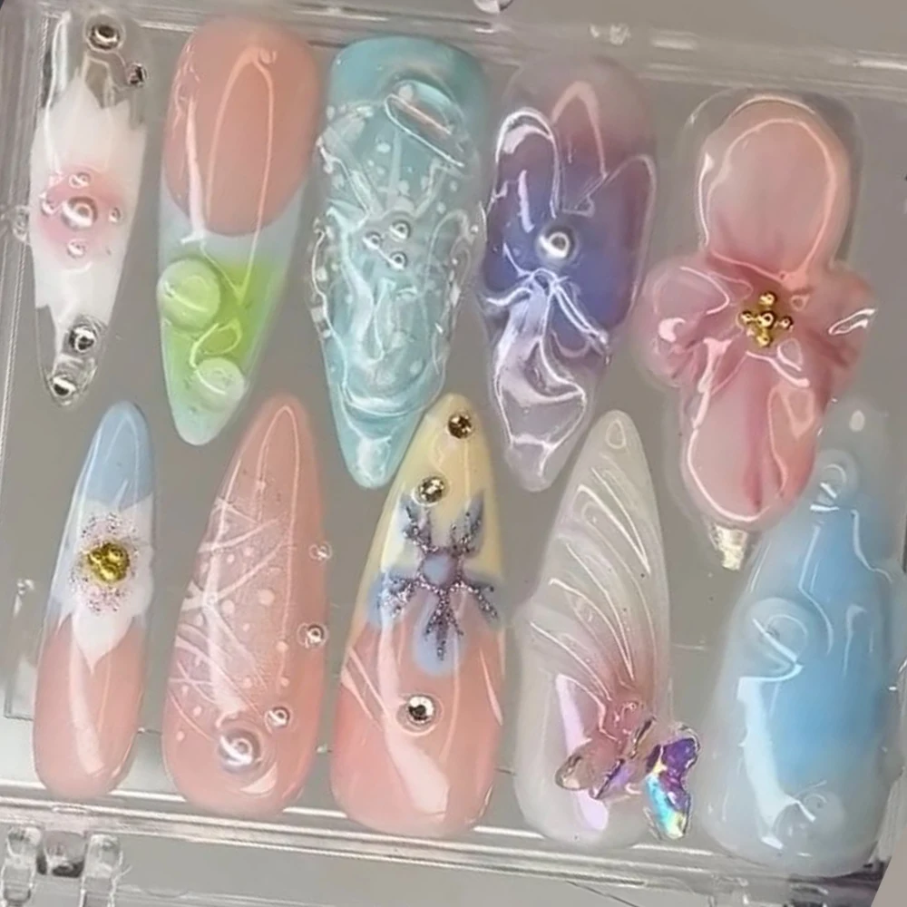 Stiletto 3D Lily Flower Press On Nails Art Butterfly Painting Gel Summer Fresh Handwork Fake Nails Nail Party Sticker Gift