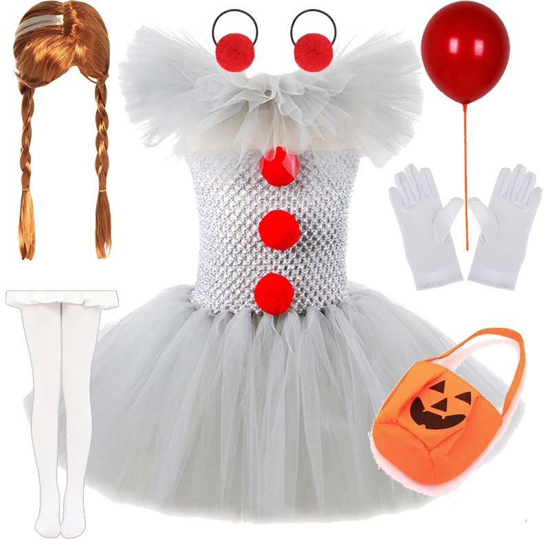 Halloween Girl Joke Dress Gray Clown Costumes Creepy Clown Cosplay Clothes Tutu Dress Children Party Clothing for Kids Halloween