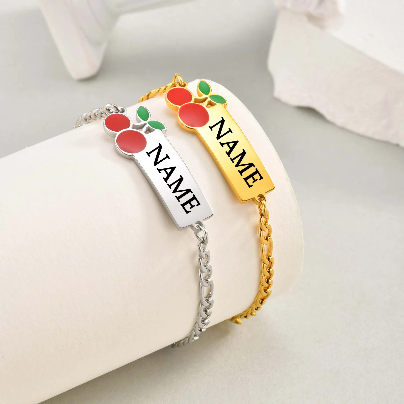 Personalized Engrave Name ID Bracelets for Girls Boy Baby, Not Allergic Stainless Steel Chain Cherry Bracelet, Customize Jewelry
