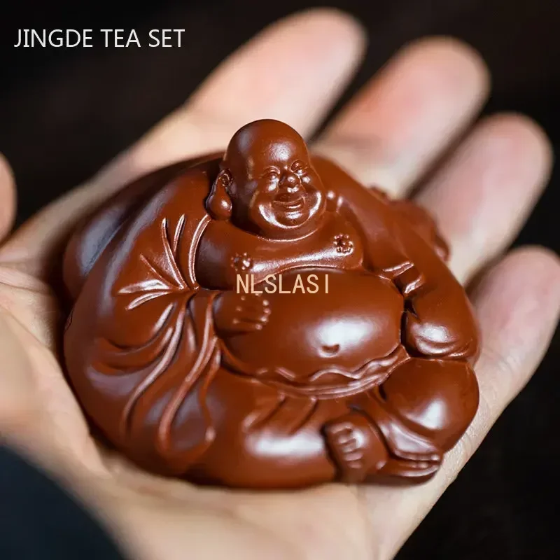 Yixing Purple Clay Maitreya Buddha Tea Pet Lucky Figure of Buddha Statue Ornaments Handmade Tea Figurine Crafts Tea Set Decors