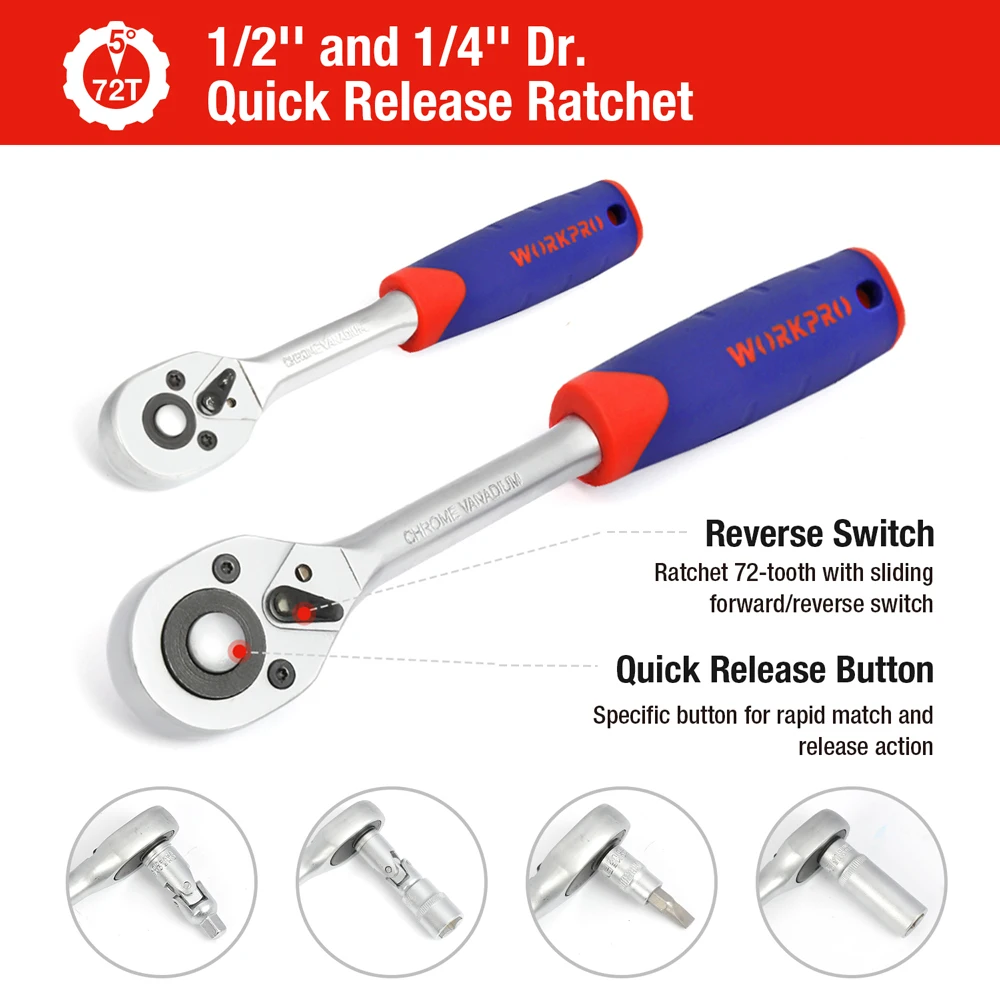 WORKPRO 108 PCS Tool Set for Car Repair Tools Mechanic Tool Set Matte Plating Sockets Set Ratchet Spanners Wrench